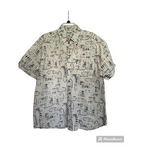 Columbia Mens Medium Short‎ Sleeve Button Up Shirt Fish Pattern 100% Cotton